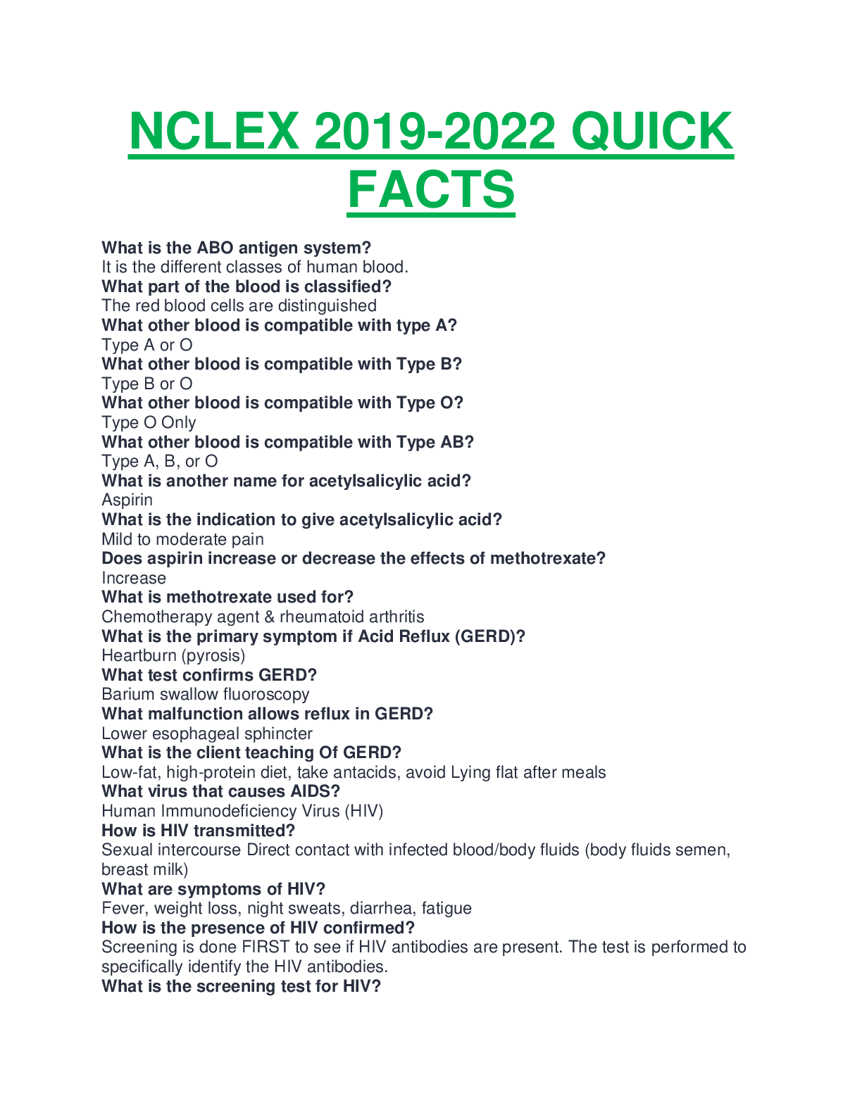 NCLEX 20192022 QUICK FACTS QUESTIONS WITH ANSWERS COMPLETE GUIDE